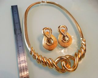Vtg 80s Christian Dior Art Deco Rich Gold Mesh Huge Choker Earring Statement Set