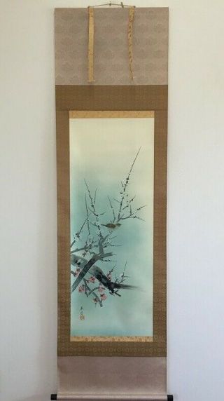 Japanese Hanging Scroll Kakejiku Hand Paint Silk Plum Tree Bird Antique W394 2