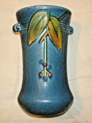 Vintage Weller Signed Art Pottery Matte Blue Elderberry Pattern Vase