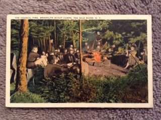 Vintage Postcard Of Brooklyn Scout Camps Council Fire At Ten Mile River,  N.  Y.