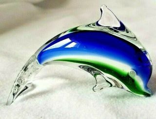 Murano Blue White Green Solid Glass Dolphin Figurine,