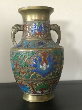 Rare Antique 12 " Japanese Brass And Raised Cloisonne Vase With Handles