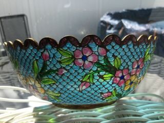 Antique Chinese Asian Plique Multi Color Floral Blue Background Small Candy Bowl