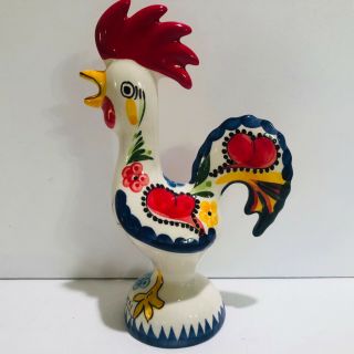 Ceramic Rooster Figurine Hand Painted Signed Crowing Rooster Made In Portugal