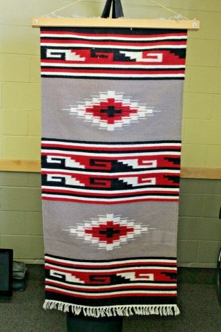 Vintage Southwest Native American Handwoven Fringed Wool Rug 64 X 31