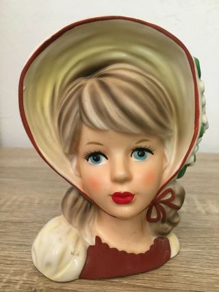 Vintage Lady Head Vases Teen In Bonnet.  Relpo K 1880