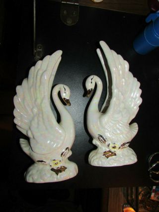 Vintage Set Of (2) 7 " Swans Ceramic Japan Iridescent Glaze Stamped Signed Pair