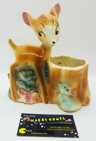 Vintage Bambi Figurine Planter Signed Disney - Fantastic High Glaze