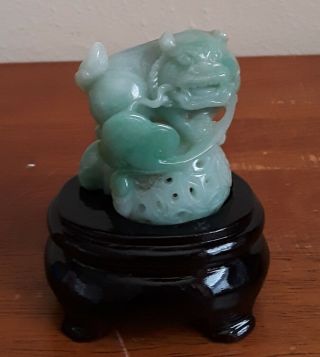 Vintage Chinese Carved Green Jade Foo Dog Lion With Stand