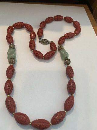 Vintage Chinese Cinnabar Jade And Silver Necklace