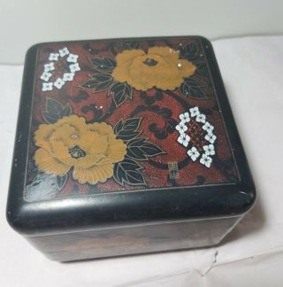 Vintage Japanese Black Lacquer Painted Jewellery Box S16x16cm Signed