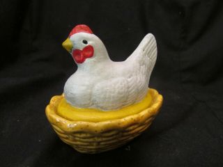 3 " Vintage Chicken Hen On Nest Trinket Ring Dish Decorated W Realistic Colors