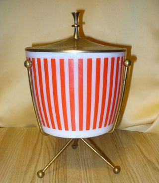 Vintage Hazel Atlas Red Stripe Ice Bucket W/ Lid Stand Atomic Mid Century Modern