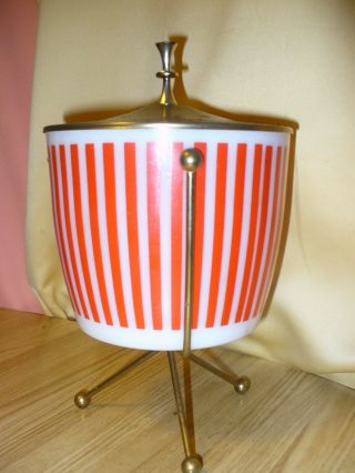 Vintage HAZEL ATLAS Red Stripe Ice Bucket w/ Lid Stand ATOMIC Mid Century Modern 3