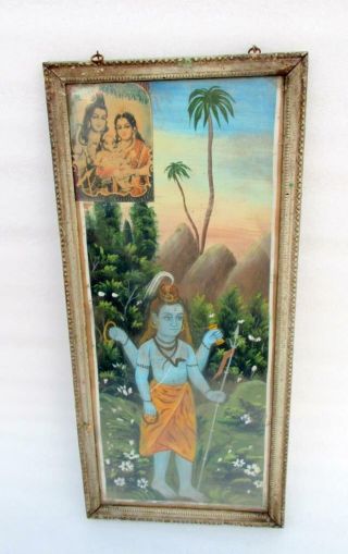Vintage Old Hindu God Shiv Hand Made Color Painted Primitive Folk Art Painting