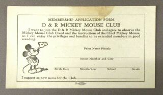 Circa 1930 D&r Mickey Mouse Club Membership Application Form -