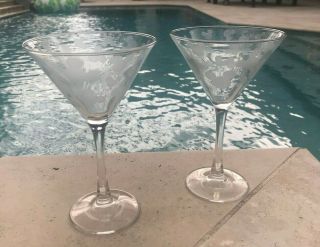 Set Of 2 Disney Rare Mickey Mouse Ears Etched Martini Glasses
