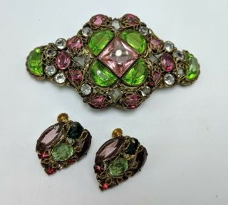 Vtg.  Victorian Art Deco Pink Green Glass Rhinestone Brooch Earrings Set Filigree