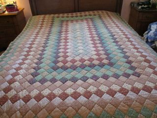 Vintage Handmade Quilt Earth Tone Trip Around The World 84 X 58 Fits Top Of Que