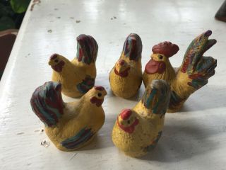 Chickens - Primitive Miniature Hand Painted Plaster Rooster & 4 Hens - P.  G.  1988