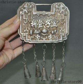 6 " Old Chinese Tibetan Silver “五子登科” Lock Shape Talisman Amulet Pendant