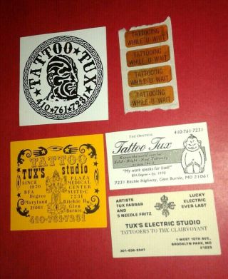 Vintage Tux Tattoo Business Card Flash Decals Omi Stickers 1990s