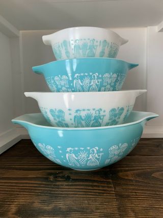 Vintage Pyrex Butterprint Cinderella Mixing Bowls Set Turquoise 441 442 443 444