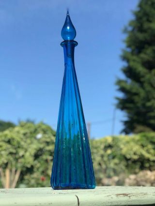 Large Blue Fluted Vintage Mcm Italian Empoli Genie Bottle Decanter Glass