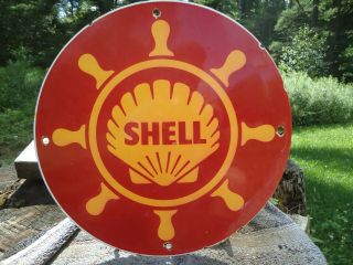 Old Vintage Shell Marine Porcelain Advertising Gas Pump Sign Gasoline Oil