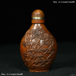 Old Chinese Folk Boxwood Wood Carved Lucky Bamboo Statue Snuff Bottle Box