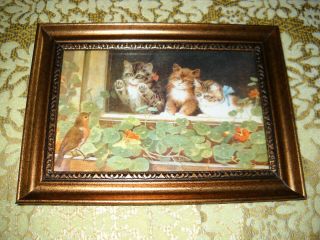 3 Cats Watch Bird 4 X 6 Gold Framed Animal Picture Victorian Style Art Print