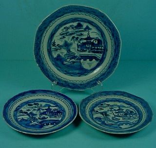Three Antique Chinese Canton Blue & White Export Porcelain Plates