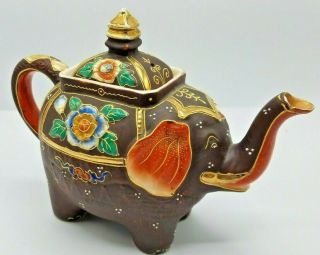 Vintage Satsuma Moriage Hand Painted Elephant Teapot Trunk Up Made In Japan