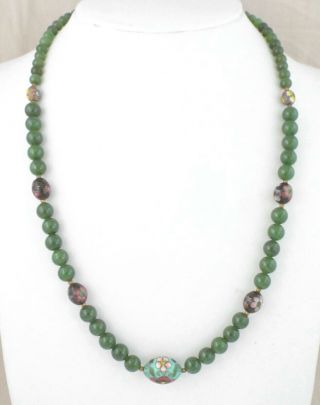 Antique / Vintage Chinese Green Jade & Cloisonne Enamel Beads Necklace