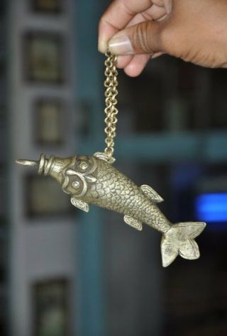 Old Brass Handcrafted Fish Shape Inlay Engraved Gun Powder Bottle