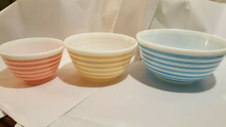 Vintage Pyrex Bowls Set Of 3 Nesting Blue,  Tan And Pink Stripped 70 