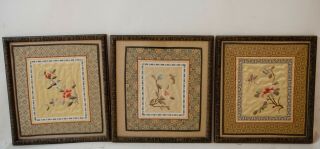 A Trio (3) Of Vintage Framed Chinese Forbidden Stitch Textile Panel 
