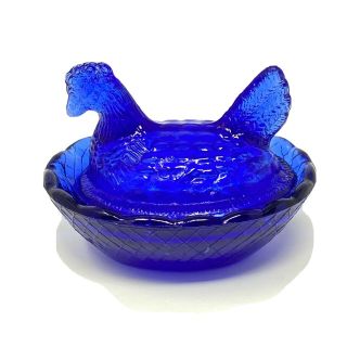 Glass Mini Hen Chicken On A Nest Basket Cobalt Blue Salt Cellar Dip Guc No Mark