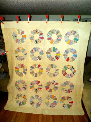 Vintage " Dresden Plate " Patchwork Quilt Hand Made Hand Pieced 89 X77 Feed Sack