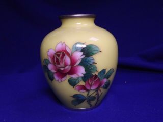 Vintage Japanese Yellow Cloisonné Roses 3 1/2 " Vase Signed With Cloydon Lable