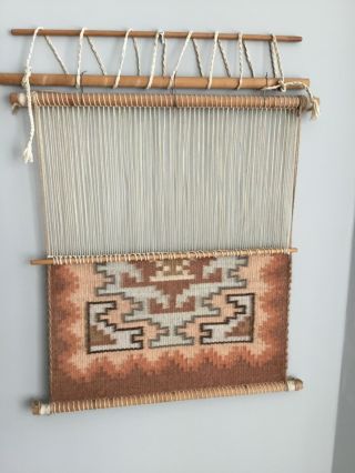 Vintage Navajo Blanket Sampler Rug Weaving On Loom.  15 X 19.  Border.