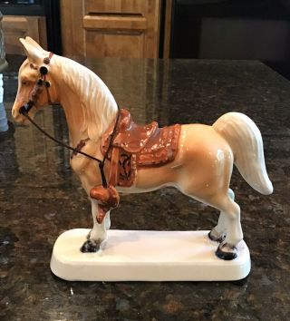 Vintage Porcelain Palomino Horse W/ Saddle,  Bridle And Reins 4” Tall Japan
