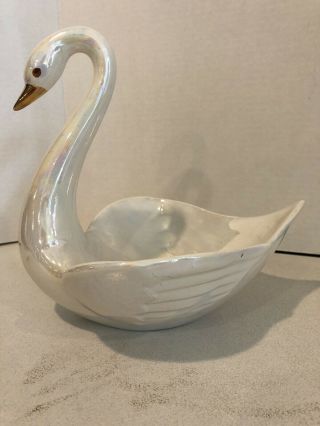Vintage Ceramic Porcelain Swan Bowl Dish Hand Painted Iridescent White W/ Gold