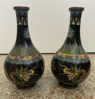 Vintage Pair Chinese Dragon Cloisonné Vases 9 Inches Tall Estate Fresh