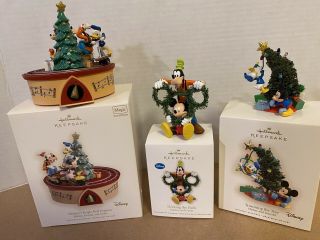 3 Hallmark Disney Ornaments - Mickey - Jingle Express,  Trimming Tree,  Deck Halls