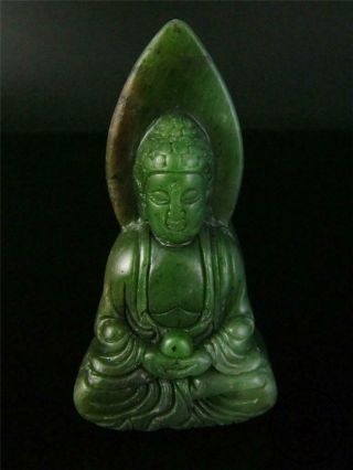 Old Chinese Nephrite Spinach Green Jade Carved Statue Solemn Buddha