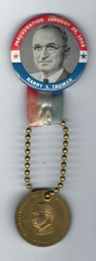 01 - 20 - 1949 Harry S.  Truman Picture Inauguration Ribbon Badge W/ Suspended Medal