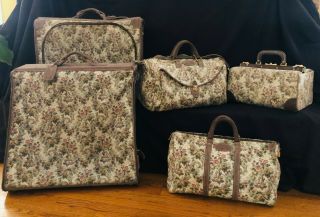 Five Piece Set Vintage French Luggage Company Gray Rose Tapestry & Suede
