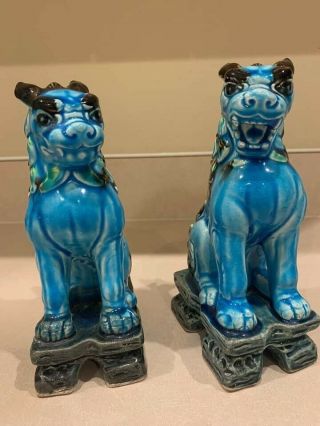 Vintage Japanese Blue Turquoise Glazed Foo Dog Guardian Lion Ceramic Statues