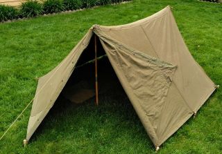 Vintage Ww2 Era Us Army Two - Man Pup Tent W/ Blanket,  Stakes,  Duffle Bag,  Rope